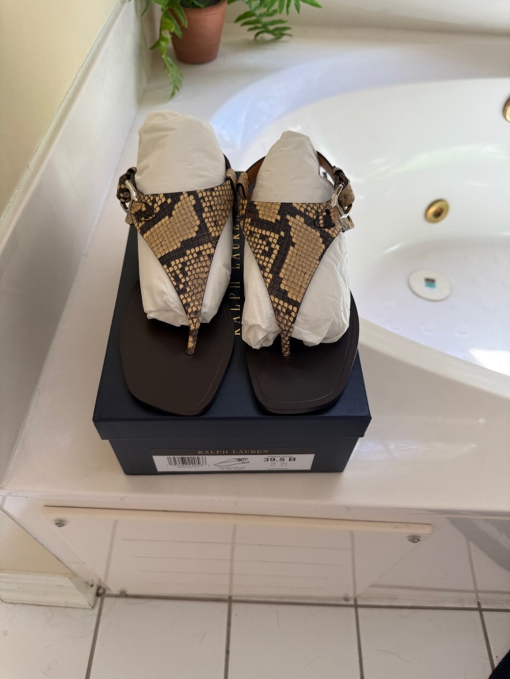 Ralph Lauren Snake-Print Thong Sandals in Beige and Black
